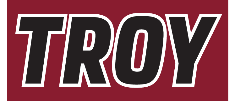 TROY wordmark, black with white outline on cardinal background variant