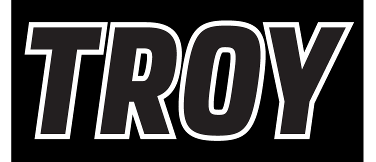 TROY wordmark, black with white outline on black background variant
