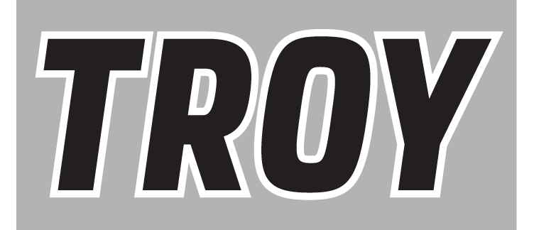 TROY wordmark, black with white outline on grey background variant