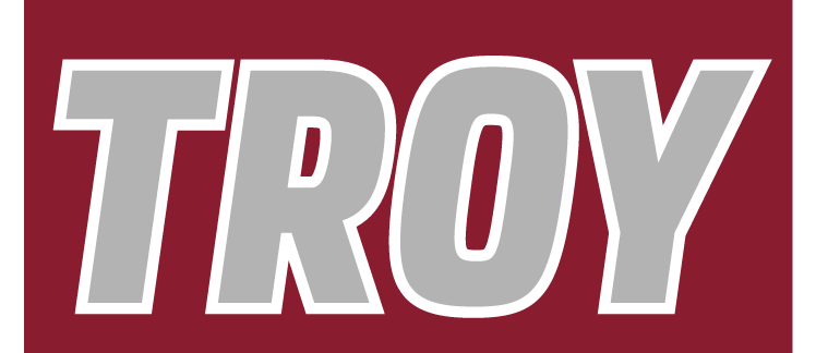 TROY wordmark, grey with white outline on cardinal background variant