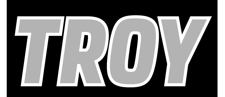 TROY wordmark, grey with white outline on black background variant