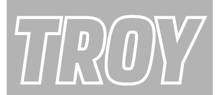 TROY wordmark, grey with white outline on grey background variant