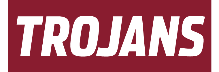 TROJANS wordmark, white on cardinal variant
