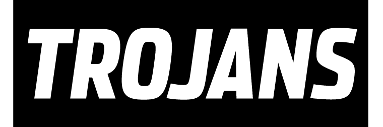 TROJANS wordmark, white on black variant