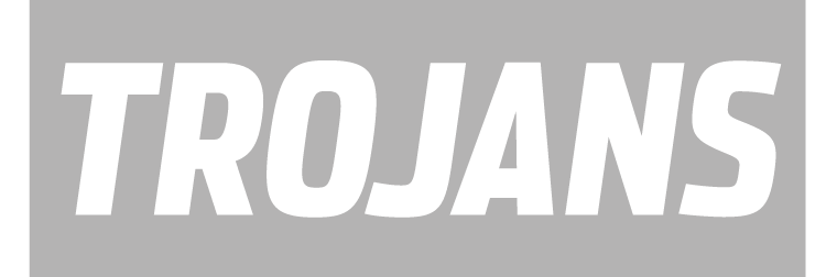 TROJANS wordmark, white on grey variant