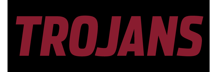 TROJANS wordmark, cardinal on black variant