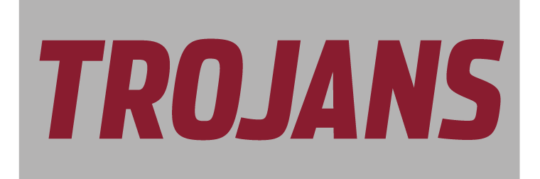 TROJANS wordmark, cardinal on grey variant