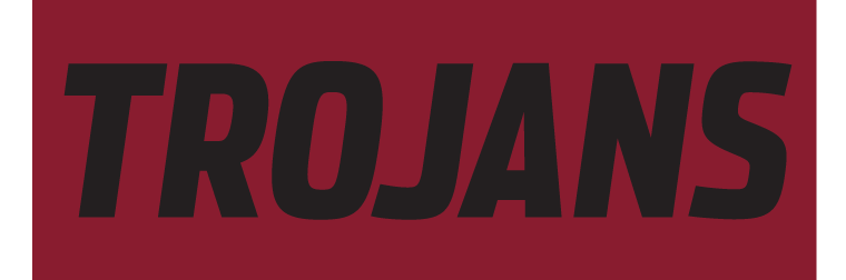 TROJANS wordmark, black on maroon background variant