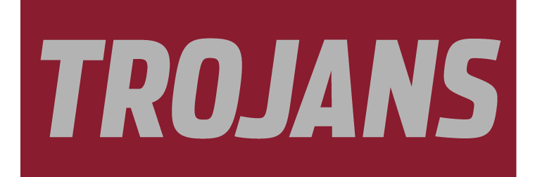 TROJANS wordmark, grey on maroon background variant