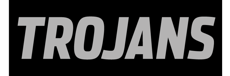 TROJANS wordmark, grey on black background variant