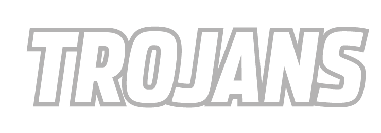 TROJANS wordmark, white with grey outline variant