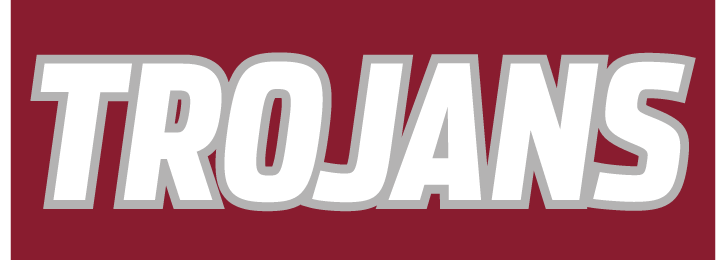 TROJANS wordmark, white with grey outline on maroon background variant