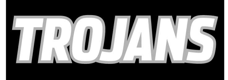 TROJANS wordmark, white with grey outline on black background variant