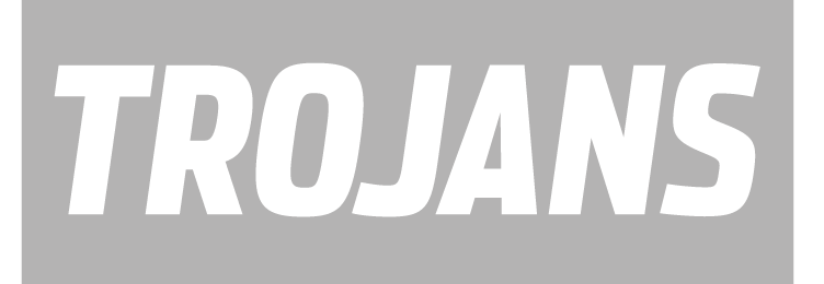 TROJANS wordmark, white with grey outline on grey background variant