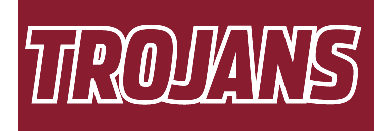TROJANS wordmark, maroon with white outline on maroon background variant