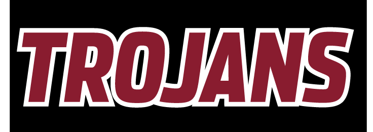 TROJANS wordmark, maroon with white outline on black background variant