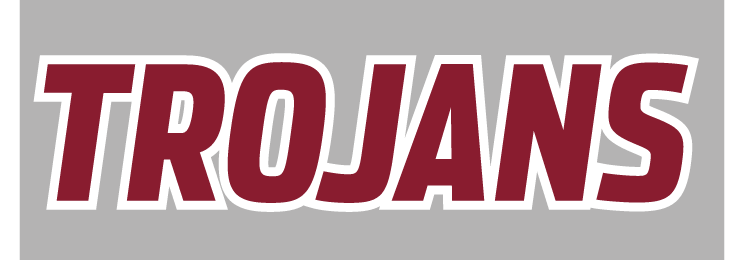 TROJANS wordmark, maroon with white outline on grey background variant