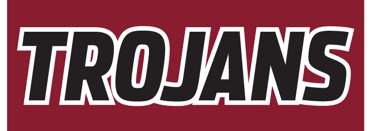 TROJANS wordmark, black with white outline on maroon background variant
