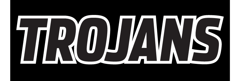 TROJANS wordmark, black with white outline on black background variant