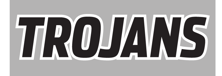 TROJANS wordmark, black with white outline on grey background variant