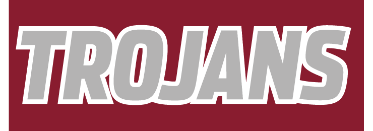 TROJANS wordmark, grey with white outline on maroon background variant