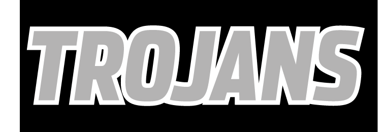 TROJANS wordmark, grey with white outline on black background variant