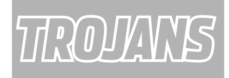 TROJANS wordmark, grey with white outline on grey background variant