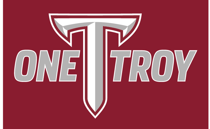One TROY wordmark, full color on cardinal variant