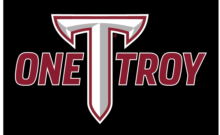 One TROY wordmark, full color on black variant