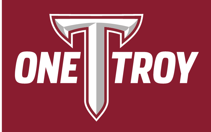 OneTROY MARK, full color with no outline on cardinal background variant