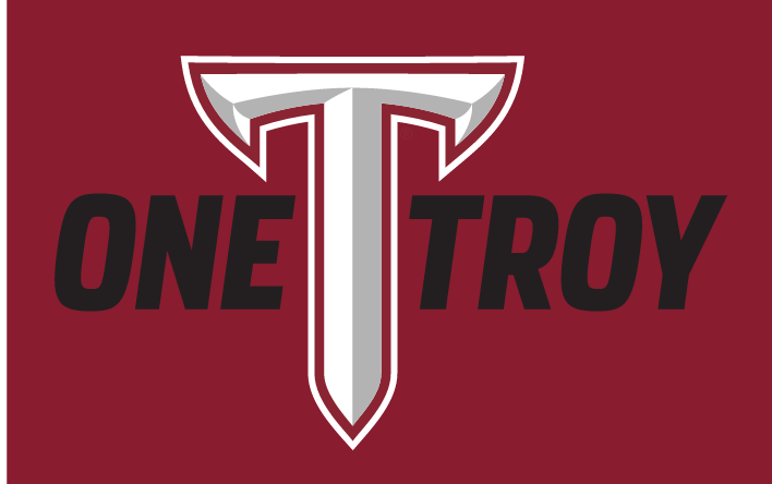OneTROY MARK, black text with no outline on cardinal background variant