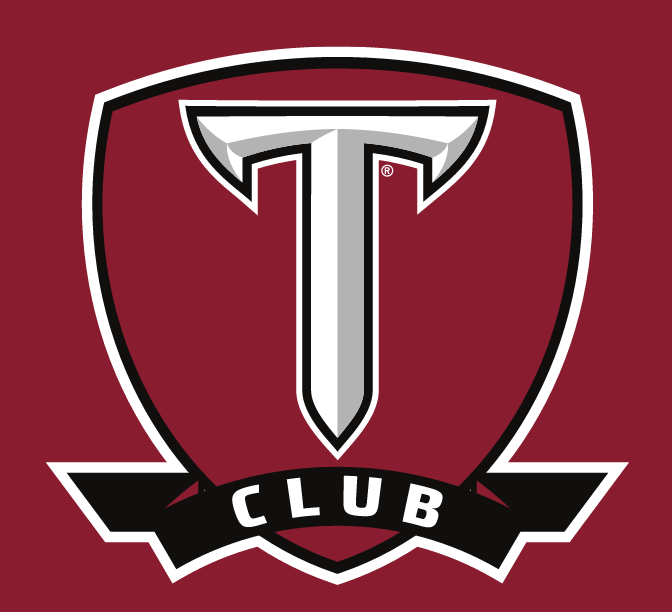 T club shield, crimson shield with white T and black banner on crimson background variant