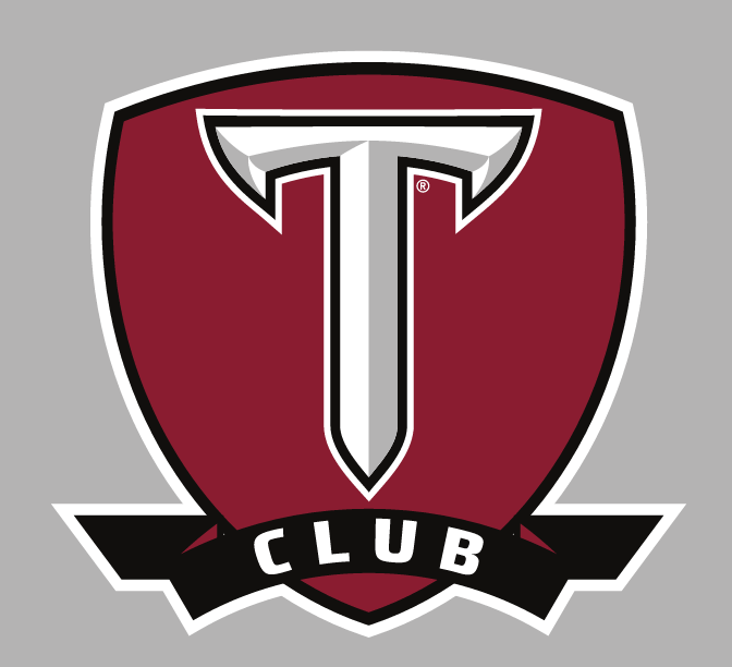 T club shield, crimson shield with white T and black banner on grey background variant