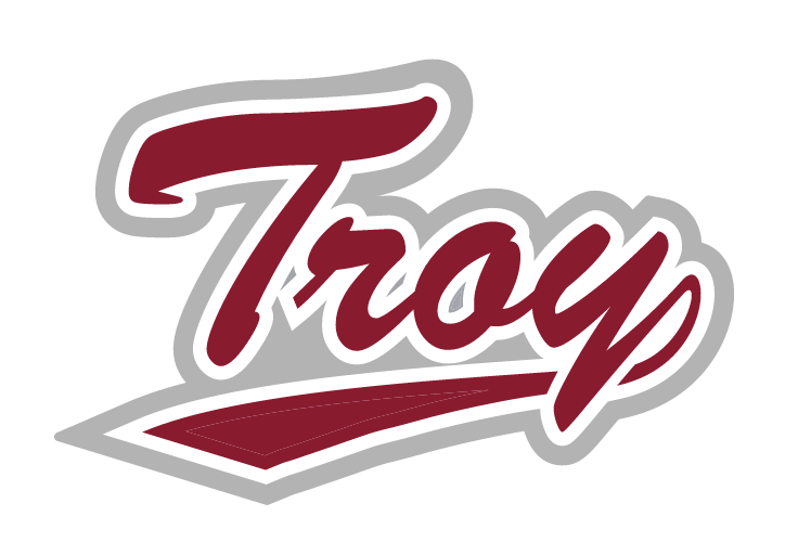 Troy script wordmark, cardinal with silver and white outlines variant