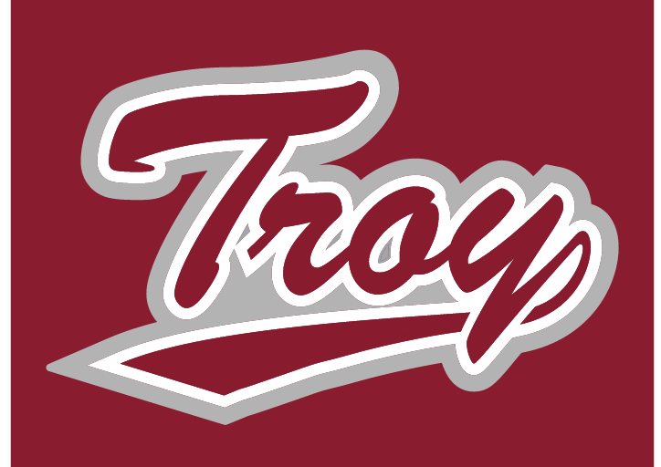 Troy script wordmark, cardinal with silver and white outlines on cardinal background variant