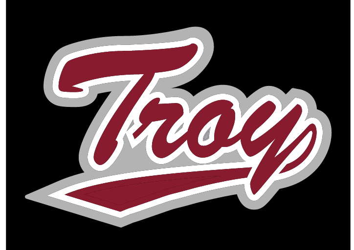 Troy script wordmark, cardinal with silver and white outlines on black background variant