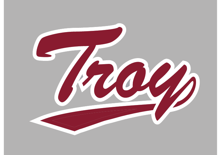 Troy script wordmark, cardinal with silver and white outlines on silver background variant