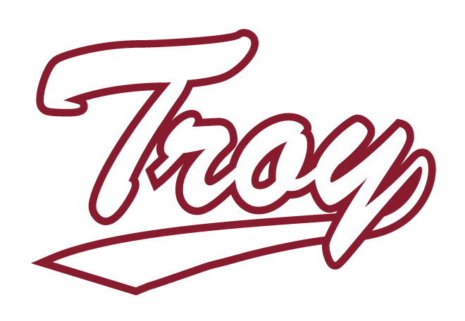 Troy script wordmark, white with maroon outline variant