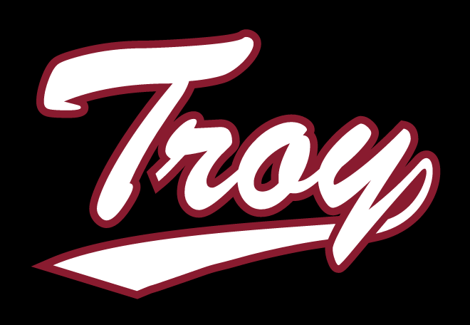 Troy script wordmark, white with maroon outline variant
