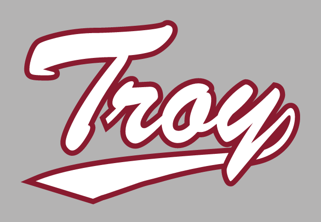 Troy script wordmark, white with maroon outline variant