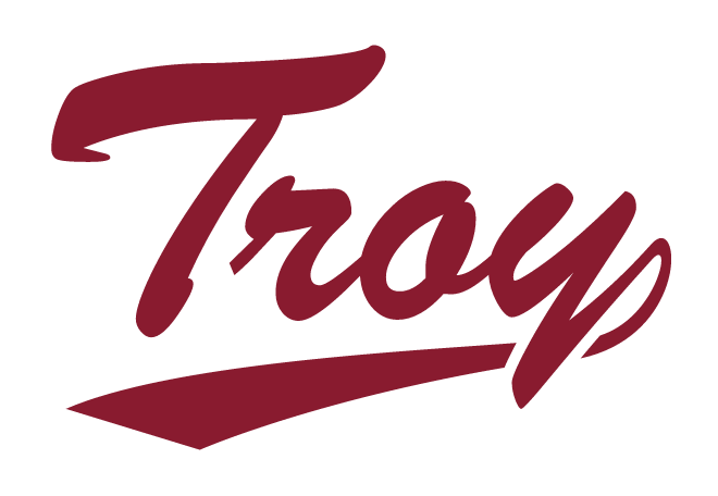 Troy script wordmark, maroon with white outline variant