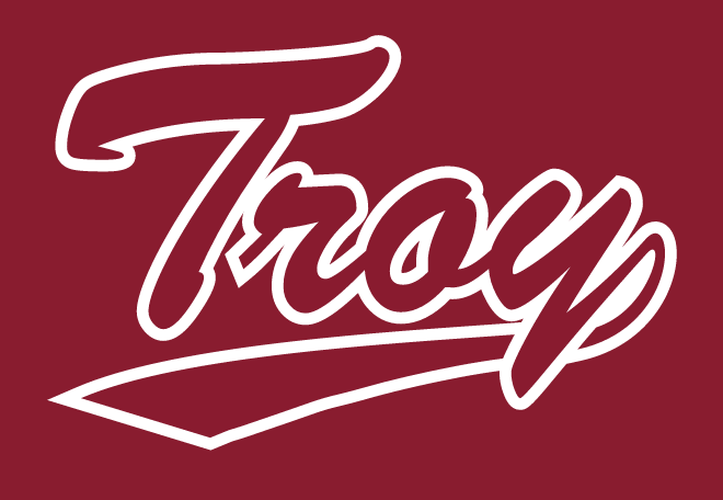Troy script wordmark, maroon with white outline variant