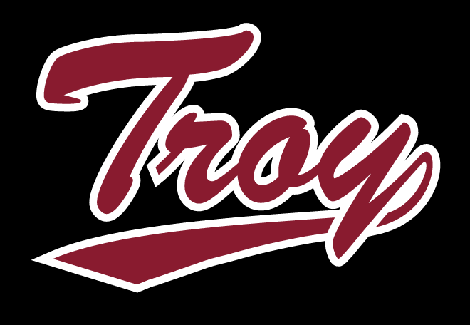 Troy script wordmark, maroon with white outline variant