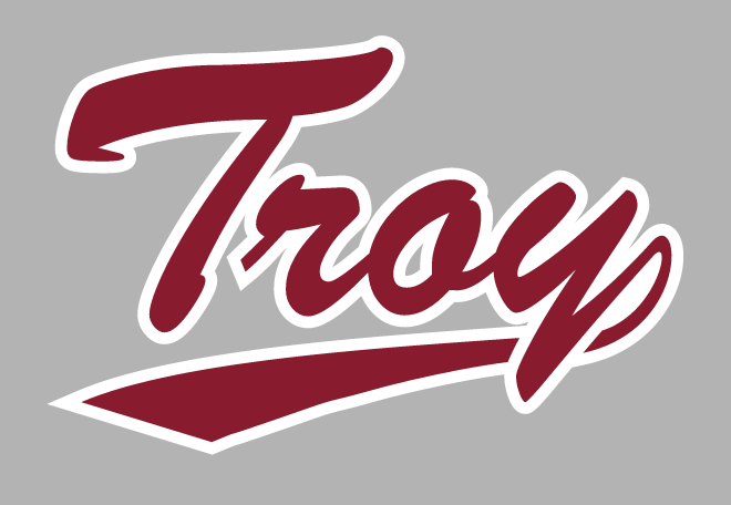 Troy script wordmark, maroon with white outline variant