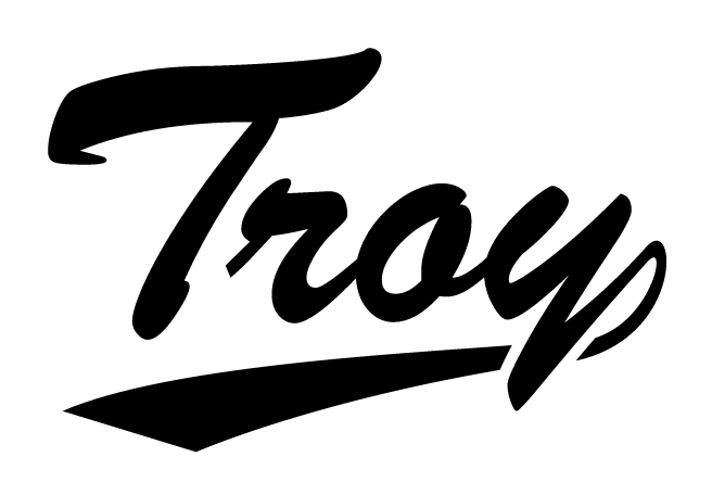 Troy script wordmark, black on white variant