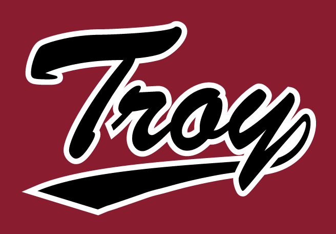 Troy script wordmark, black with white outline on maroon variant