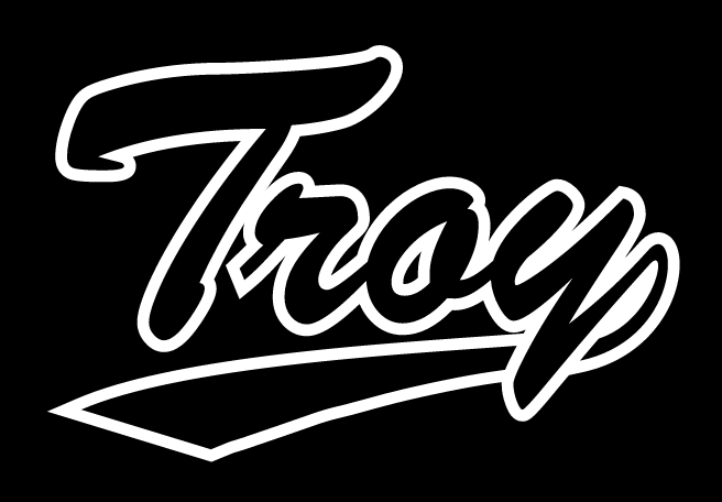 Troy script wordmark, black with white outline on black variant
