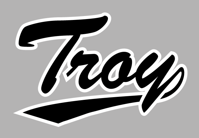 Troy script wordmark, black with white outline on grey variant