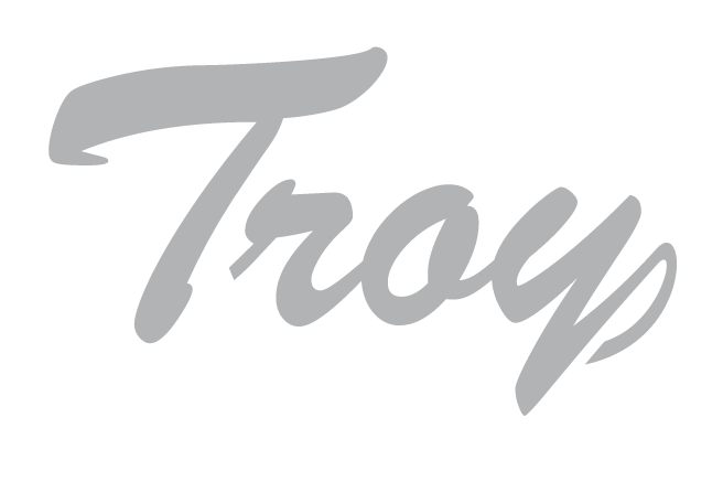 Troy script wordmark, grey on white variant