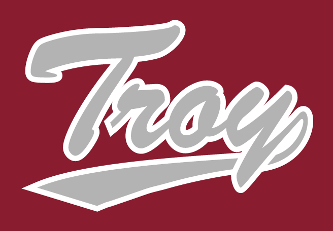 Troy script wordmark, grey with white outline on maroon variant